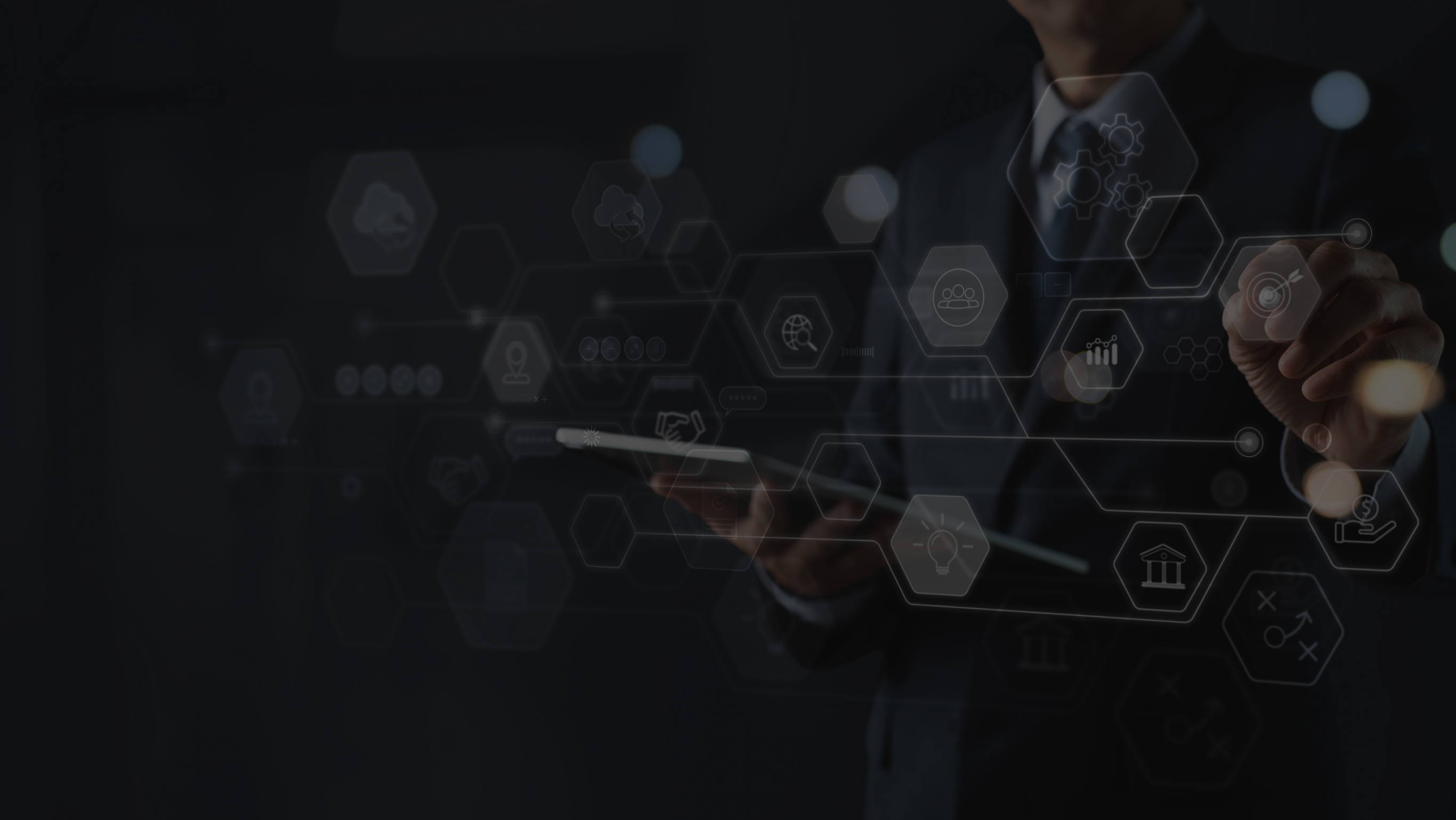 Ascensia Inc.のロゴと企業コンセプトを示すファーストビューイメージ。背景にビジネスアイコンとスーツ姿の人物。