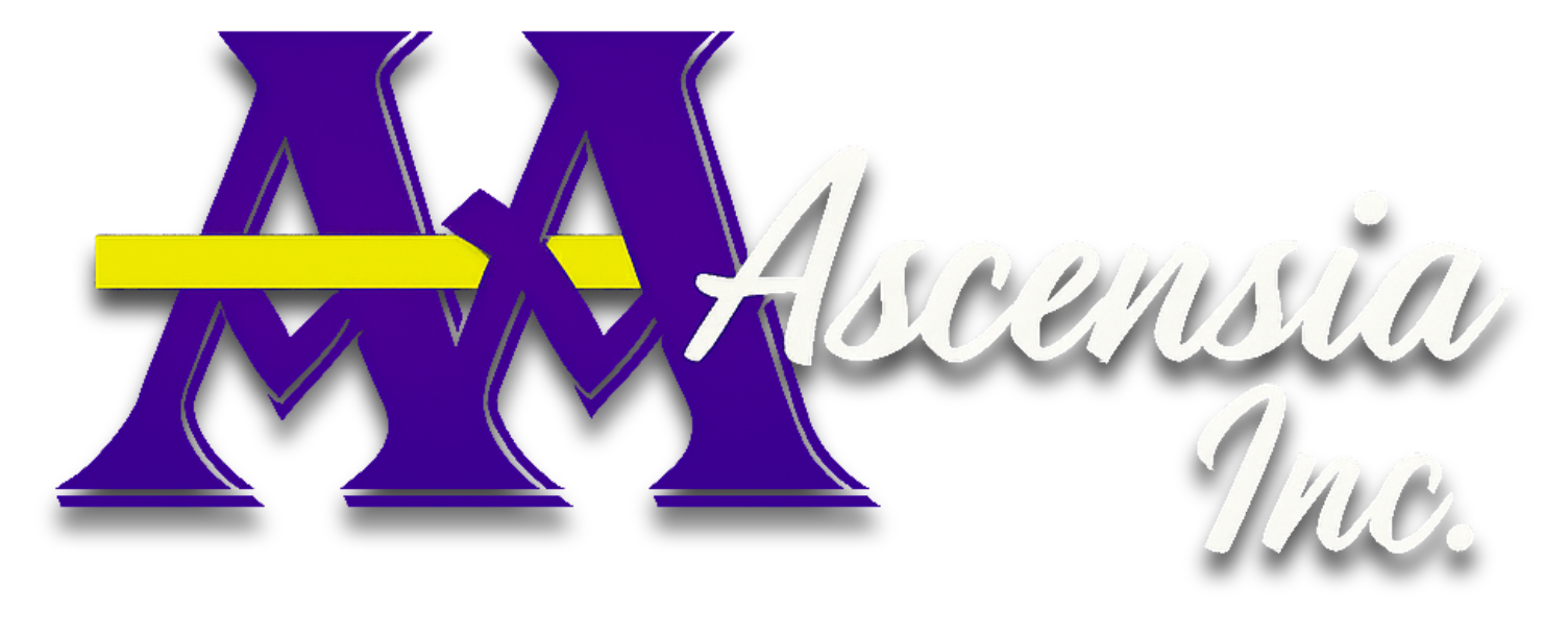 Ascensia Inc.のロゴと企業コンセプトを示すファーストビューイメージ。背景にビジネスアイコンとスーツ姿の人物。